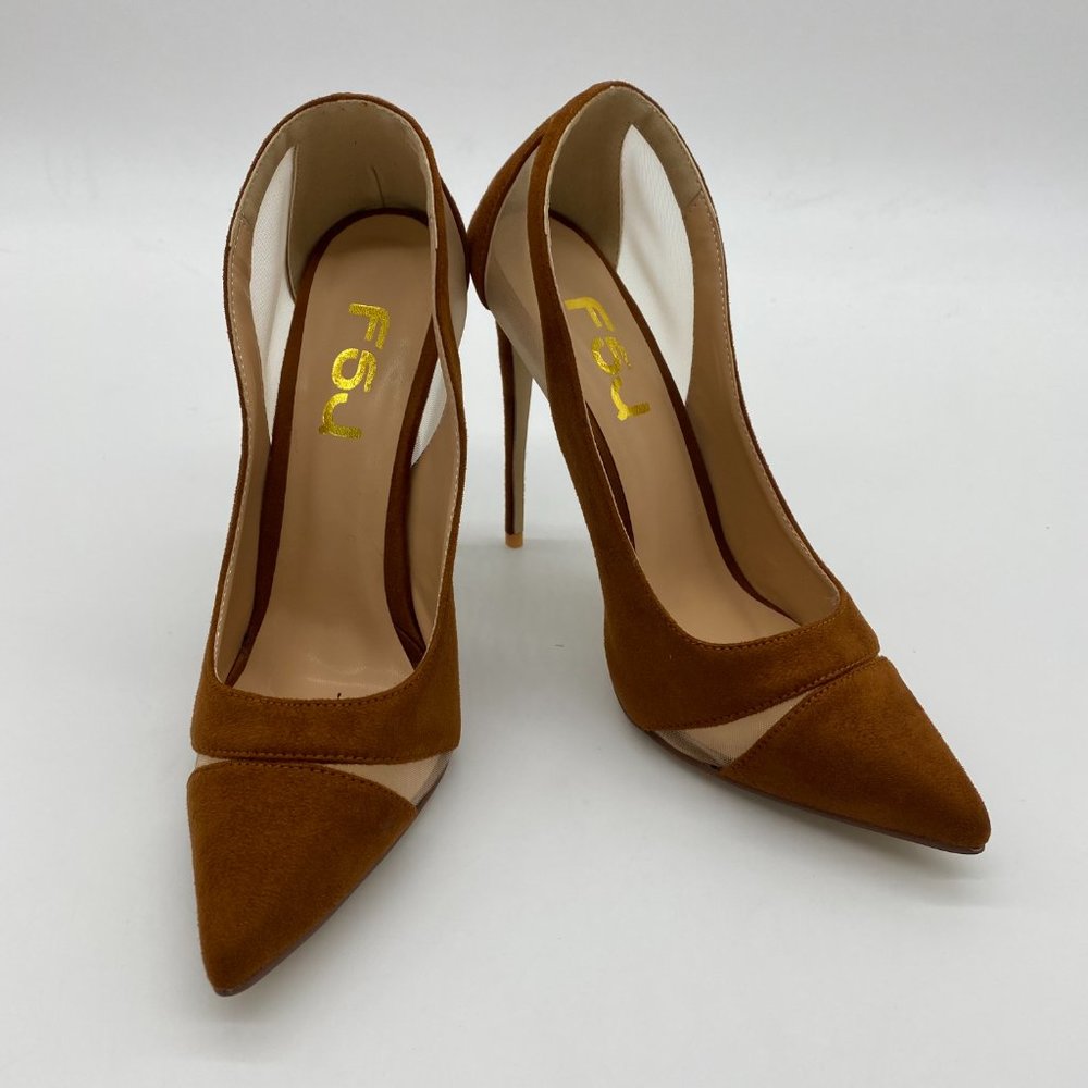 FSJ Brown Mesh High Heel Pointed Toe Pump - Picture 3 of 11